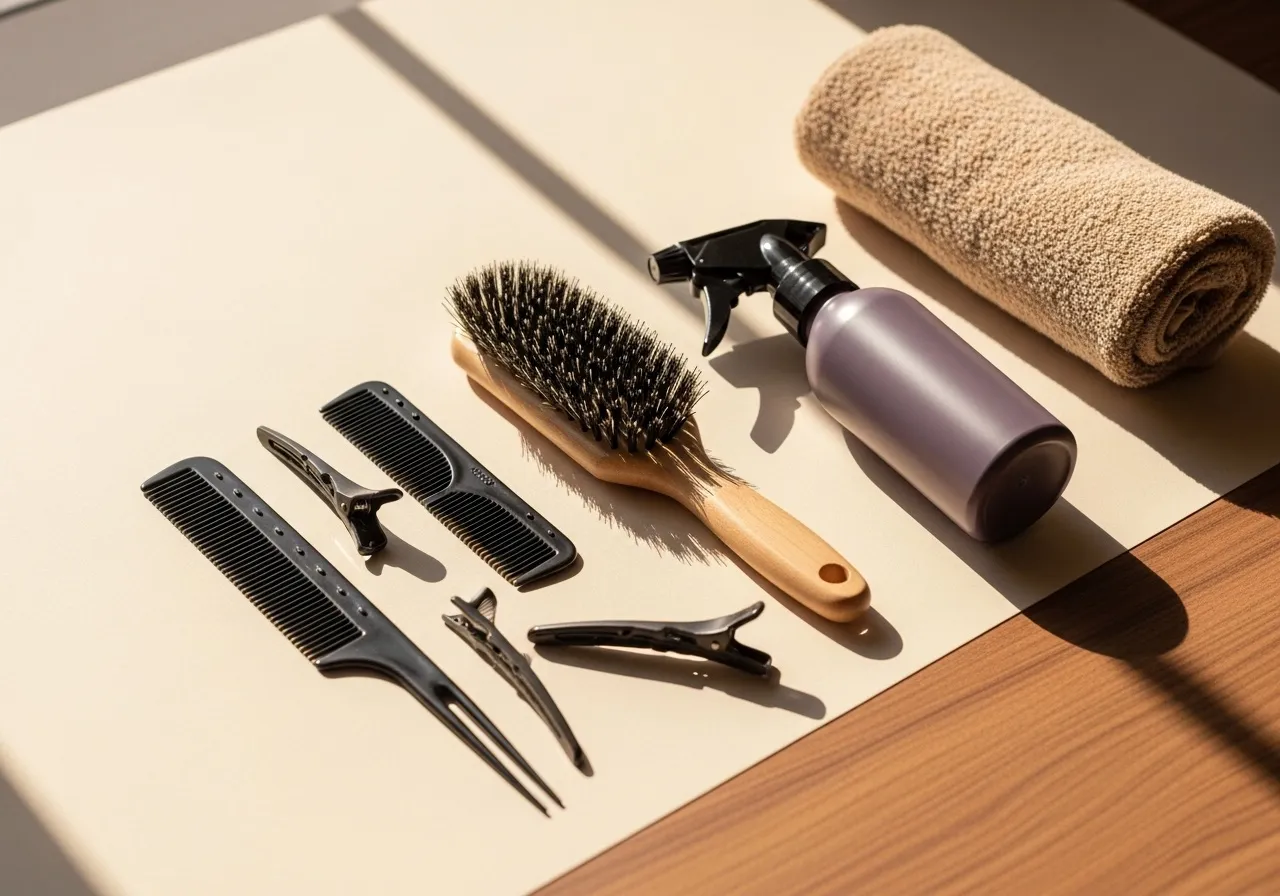 A warm flat-lay of professional styling tools: combs, a natural-bristle brush, sectioning clips, and a matte spray bottle